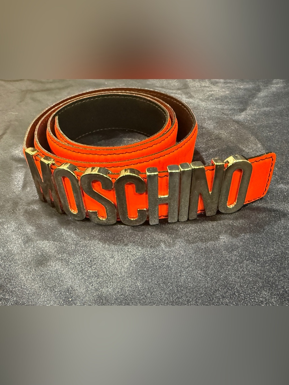 Moschino Bright Orange Leather Logo Belt with Gold-Tone Letters